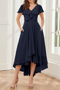 Chic Chiffon A-Line V-Neck Short Sleeves High-Low Mother Of The Bride Dress