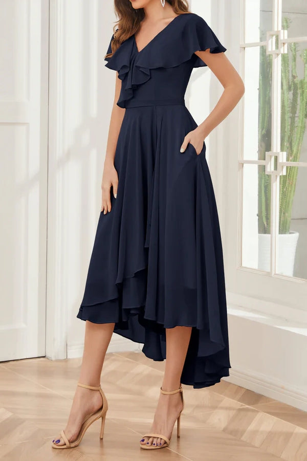 Chic Chiffon A-Line V-Neck Short Sleeves High-Low Mother Of The Bride Dress