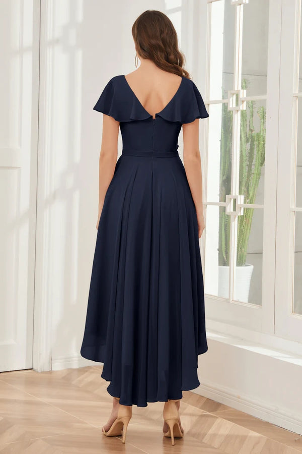 Chic Chiffon A-Line V-Neck Short Sleeves High-Low Mother Of The Bride Dress