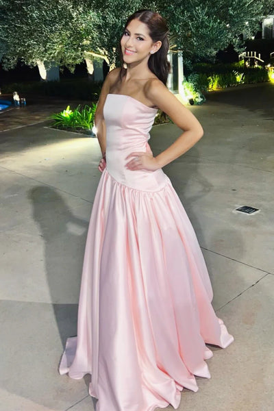 Chic Pink Satin A-Line Strapless Maxi Party Prom Dress