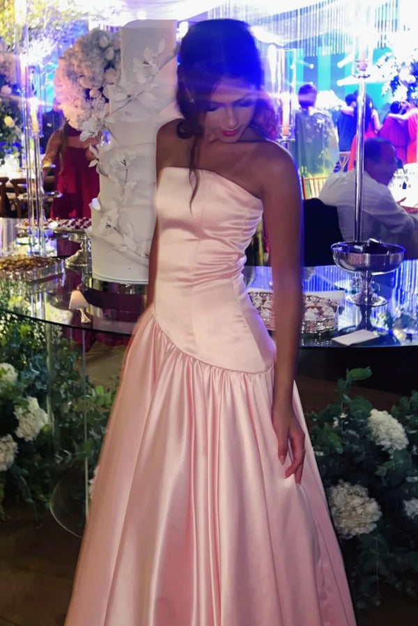Chic Pink Satin A-Line Strapless Maxi Party Prom Dress