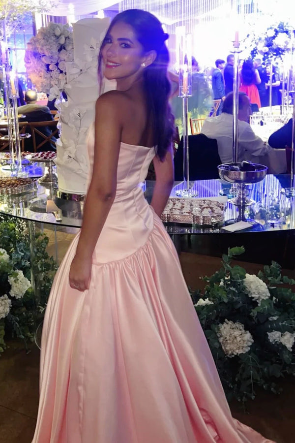 Chic Pink Satin A-Line Strapless Maxi Party Prom Dress