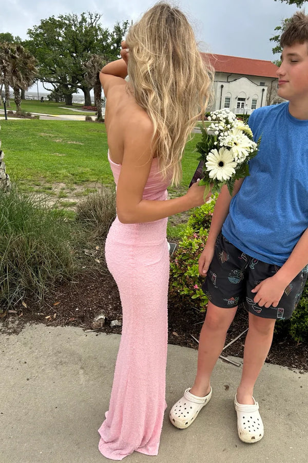 Chic Pink Strapless Bodycon Sequin Maxi Party Prom Dress