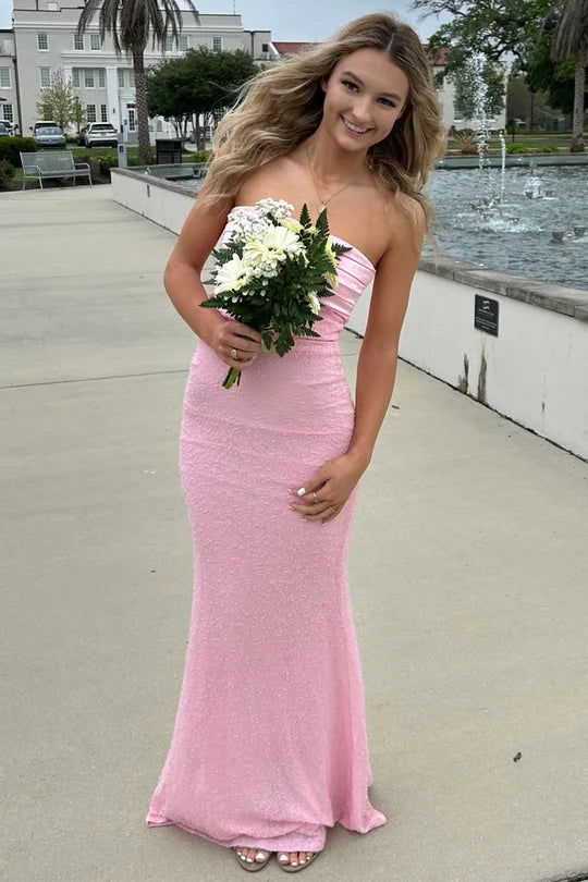 Chic Pink Strapless Bodycon Sequin Maxi Party Prom Dress