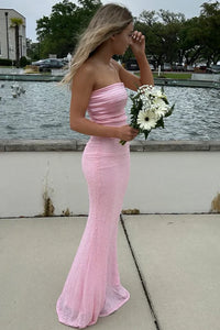 Chic Pink Strapless Bodycon Sequin Maxi Party Prom Dress
