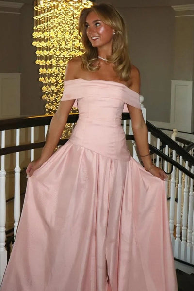 Chic Satin A-Line Off-Shoulder Floor-Length Party Prom Dress 