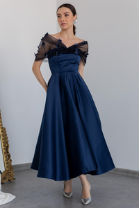 Chic Satin A-Line Off-Shoulder Midi Empire Mother Of Bride Dress