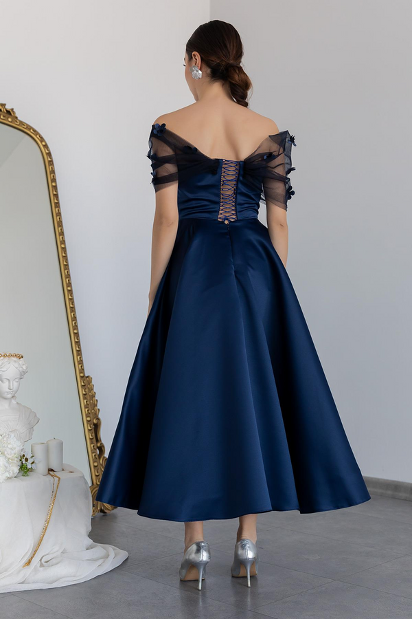 Chic Satin A-Line Off-Shoulder Midi Empire Mother Of Bride Dress