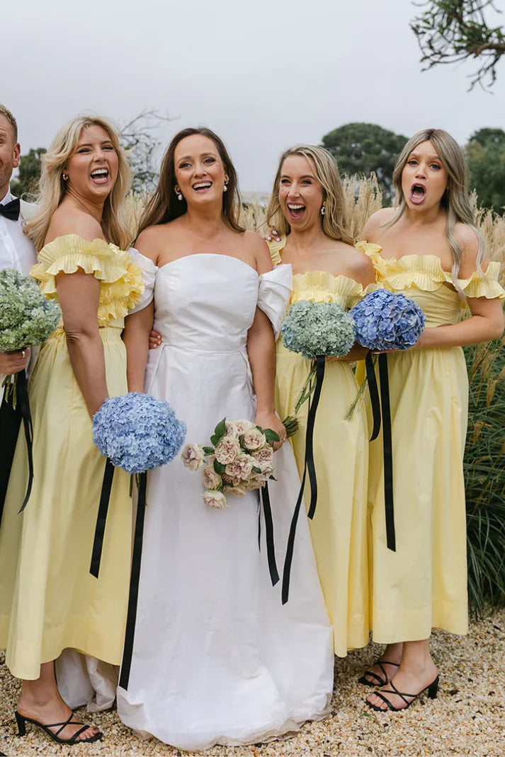 Chic Satin A-Line Off-Shoulder High Waist Bridesmaid Dress