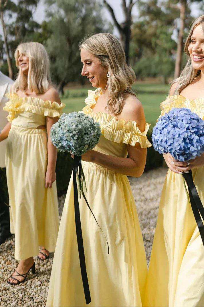 Chic Satin A-Line Off-Shoulder High Waist Bridesmaid Dress