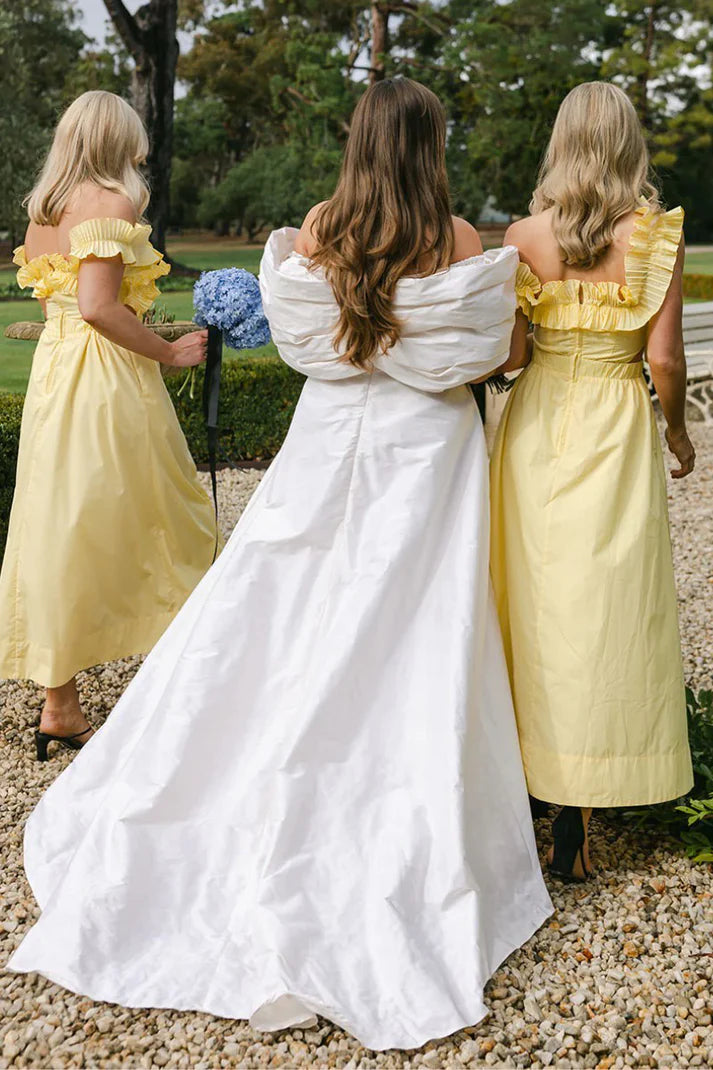 Chic Satin A-Line Off-Shoulder High Waist Bridesmaid Dress