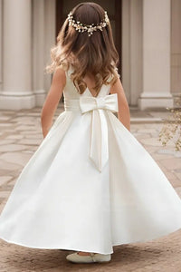 Chic Satin A-Line Round V-Back Flower Girl Dress With Bow