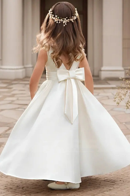 Chic Satin A-Line Round V-Back Flower Girl Dress With Bow