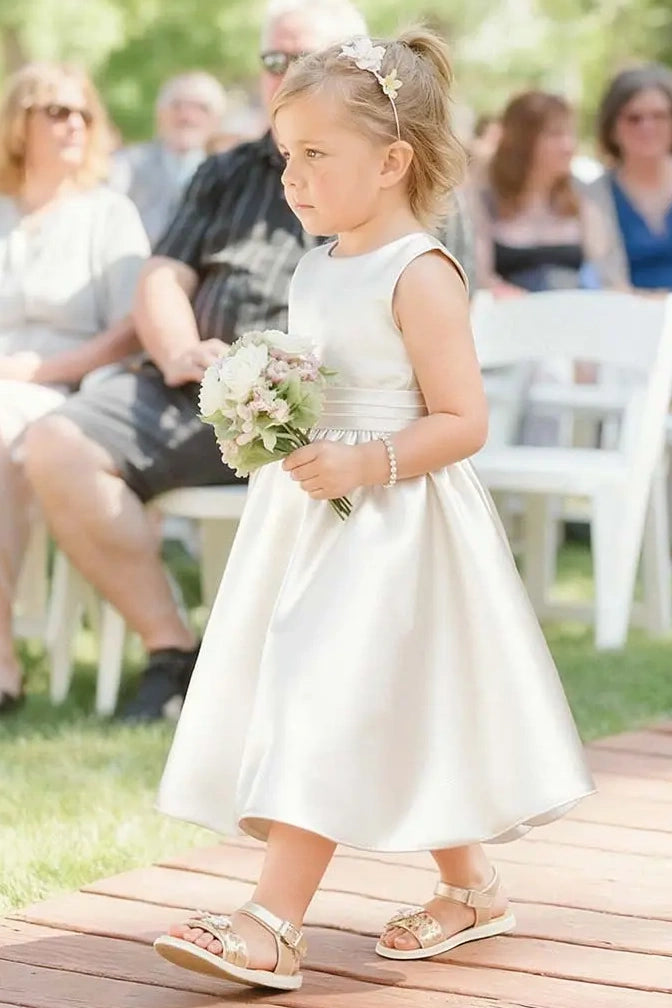 Chic Satin A-Line Round V-Back Flower Girl Dress With Bow