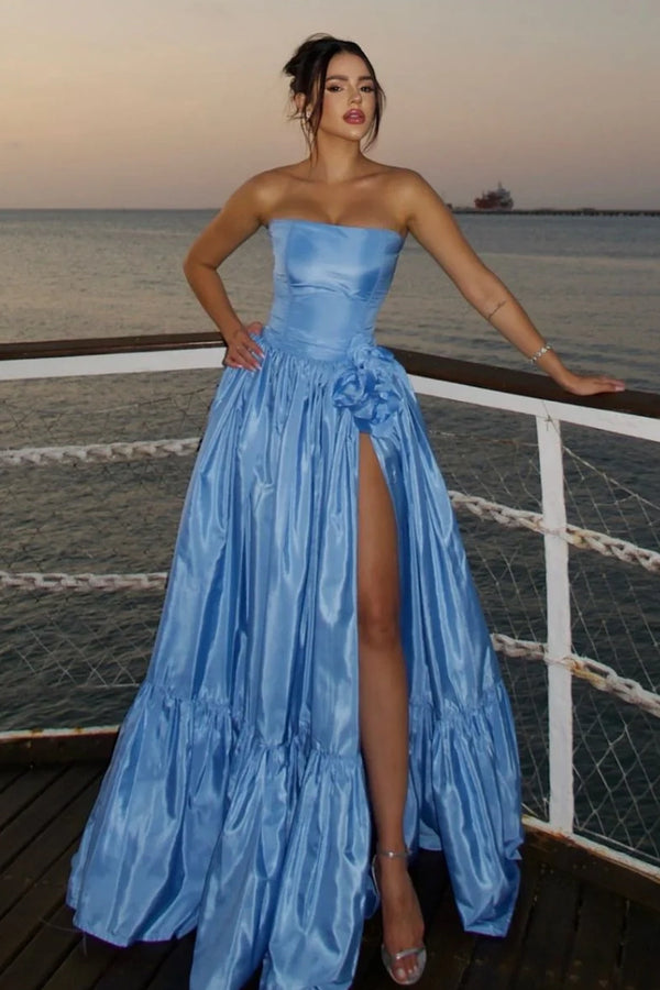Chic Satin A-Line Strapless High Waist Split Party Prom Dress