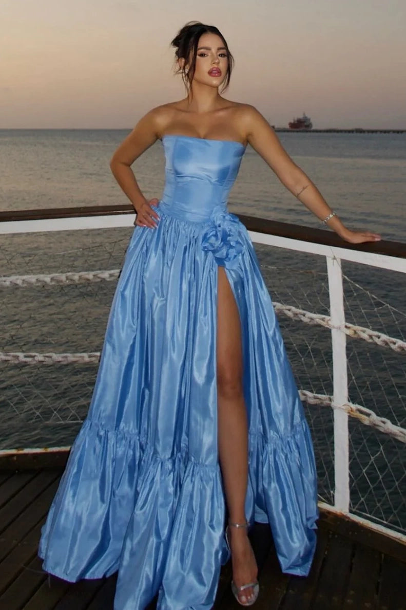 Chic Satin A-Line Strapless High Waist Split Party Prom Dress