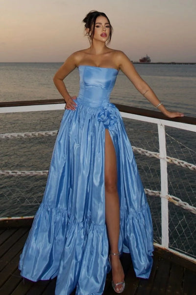Chic Satin A-Line Strapless High Waist Split Party Prom Dress