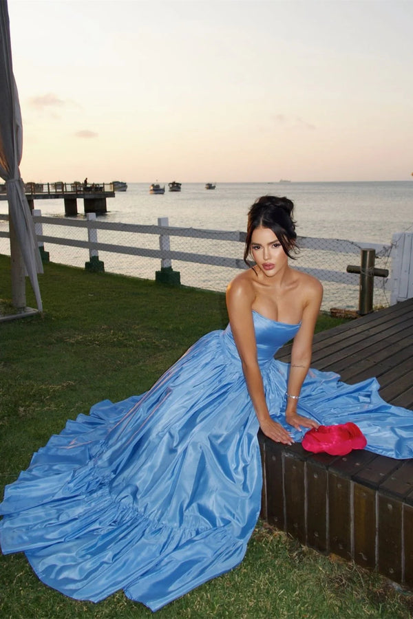 Chic Satin A-Line Strapless High Waist Split Party Prom Dress