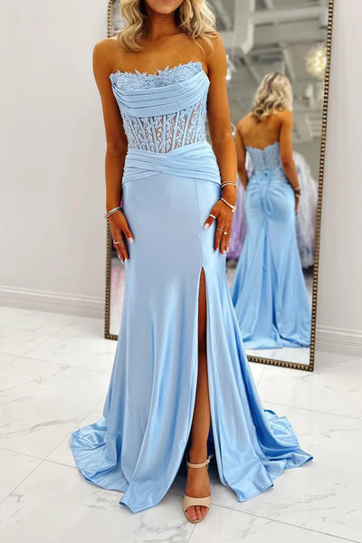 Chic Satin And Lace Bateau Strapless Empire Party Prom Dress With Train