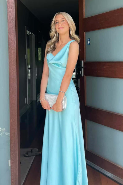 Chic Satin Asymmetrical Straps Sleeveless Maxi Party Prom Dress