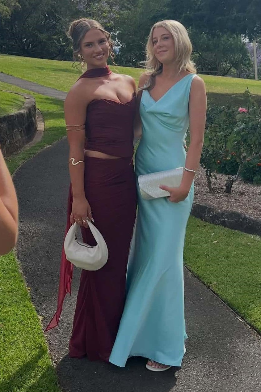 Chic Satin Asymmetrical Straps Sleeveless Maxi Party Prom Dress