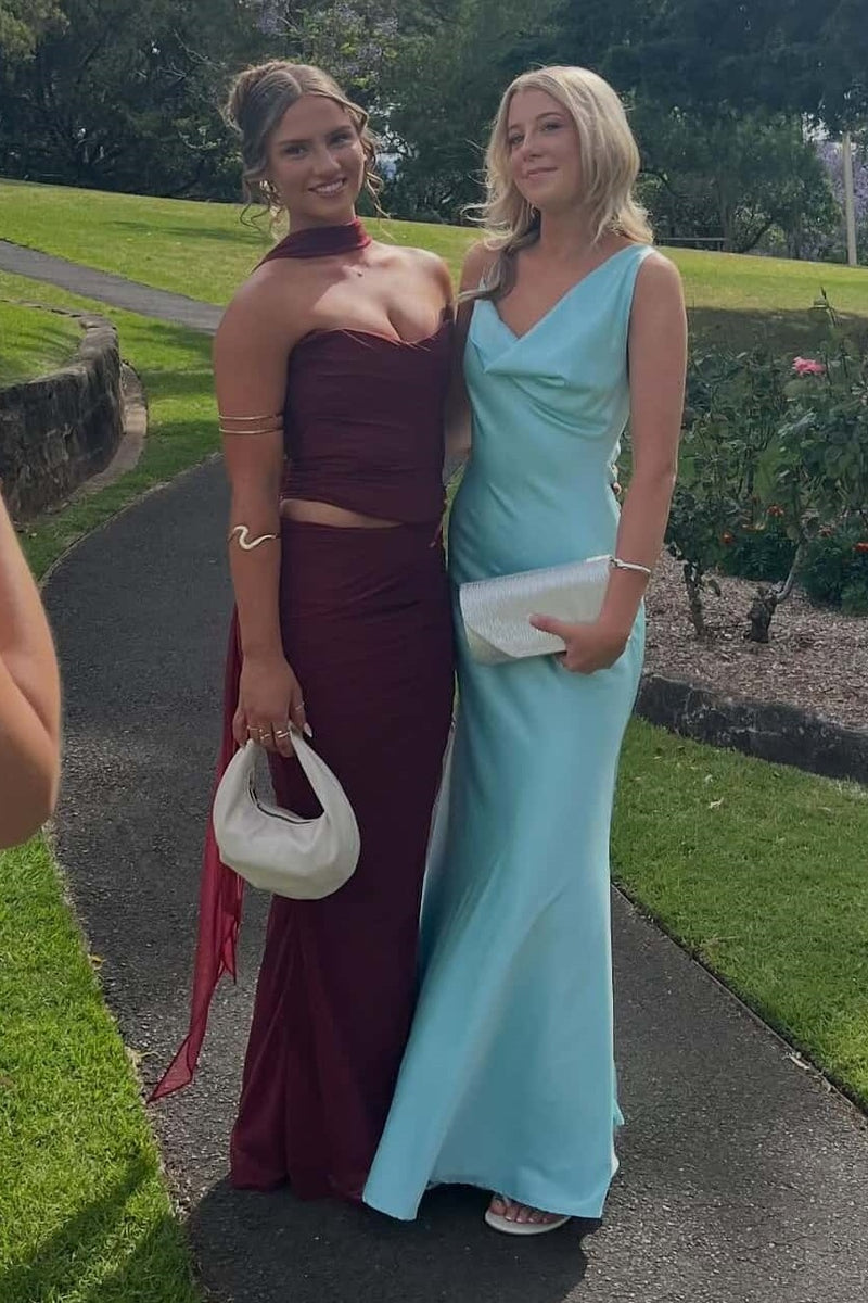 Chic Satin Asymmetrical Straps Sleeveless Maxi Party Prom Dress