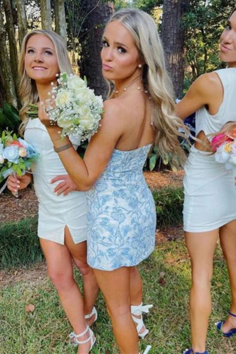 Chic Satin Empire Strapless Sheath Floral Appliques Homecoming Dress