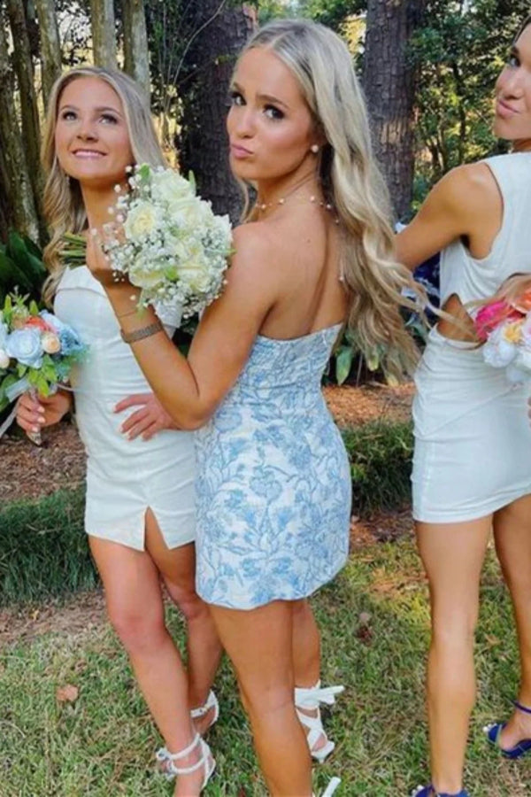 Chic Satin Empire Strapless Sheath Floral Appliques Homecoming Dress