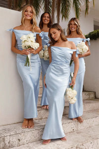 Chic Satin Fitted Bows Straps Long Bridesmaid Dress