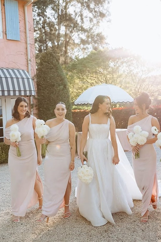 Chic Satin Fitted One Shoulder Sleeveless Empire Bridesmaid Dress With Slit