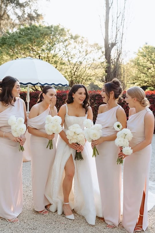 Chic Satin Fitted One Shoulder Sleeveless Empire Bridesmaid Dress With Slit