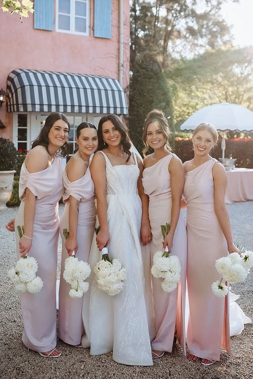 Chic Satin Fitted One Shoulder Sleeveless Empire Bridesmaid Dress With Slit