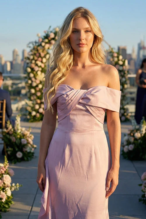 Chic Satin Mermaid Off The Shoulder Ruffle Split Party Prom Dress