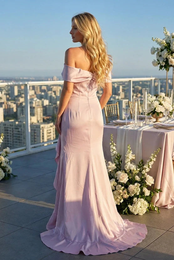 Chic Satin Mermaid Off The Shoulder Ruffle Split Party Prom Dress