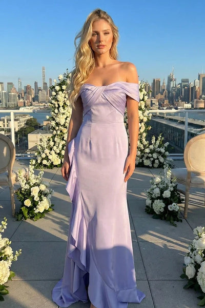 Chic Satin Mermaid Off The Shoulder Ruffle Split Party Prom Dress