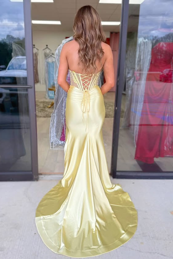 Chic Satin Mermaid Sheer Empire Beaded Party Prom Dress With Train