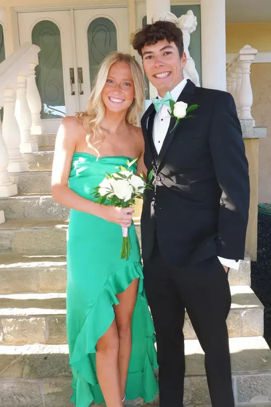 Chic Satin Mermaid Sweetheart Strapless Ruffle Split Party Prom Dress