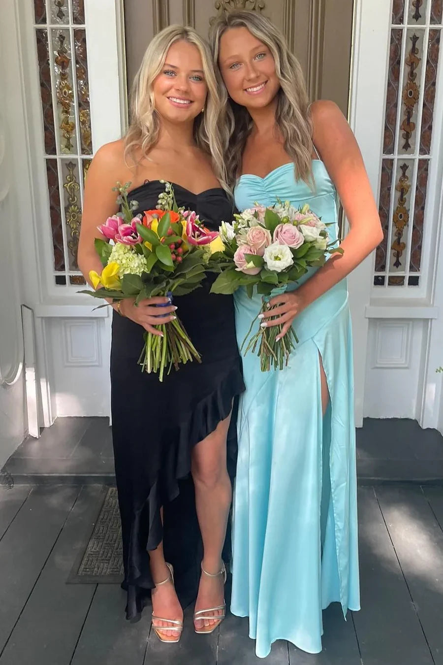 Chic Satin Mermaid Sweetheart Strapless Ruffle Split Party Prom Dress