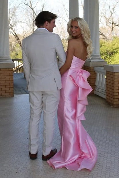 Chic Satin Sheath High Waist Strapless Party Prom Dress With Train 