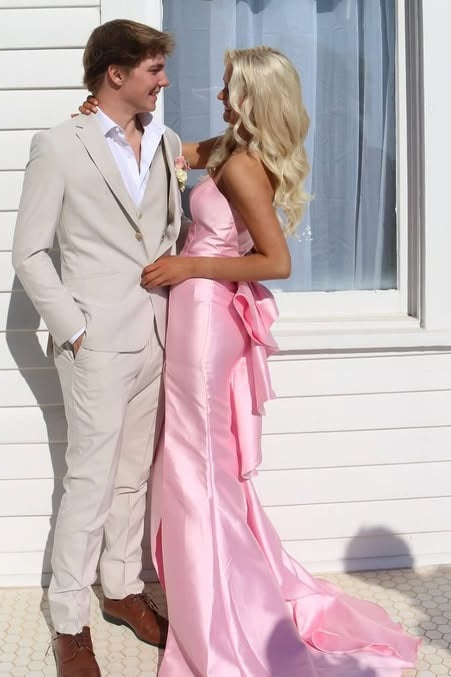 Chic Satin Sheath High Waist Strapless Party Prom Dress With Train 