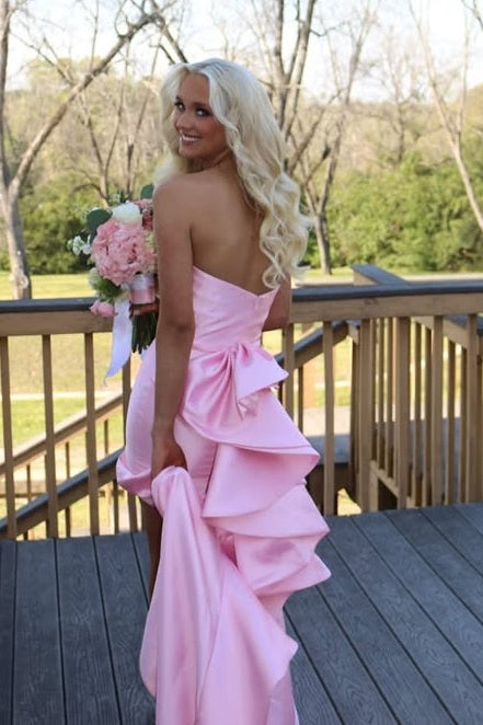 Chic Satin Sheath High Waist Strapless Party Prom Dress With Train 