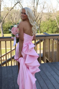Chic Satin Sheath High Waist Strapless Party Prom Dress With Train 