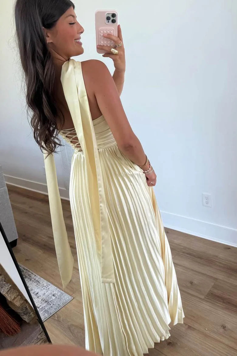 Chic Satin Strapless Pleated Maxi A-Line Evening Prom Dress