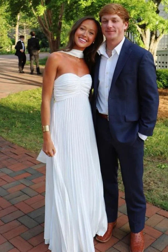 Chic Satin Strapless Pleated Maxi A-Line Evening Prom Dress