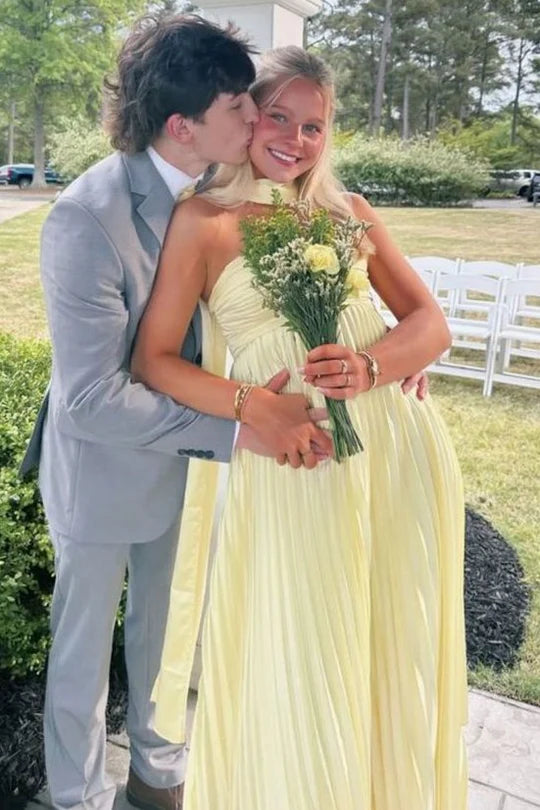 Chic Satin Strapless Pleated Maxi A-Line Evening Prom Dress