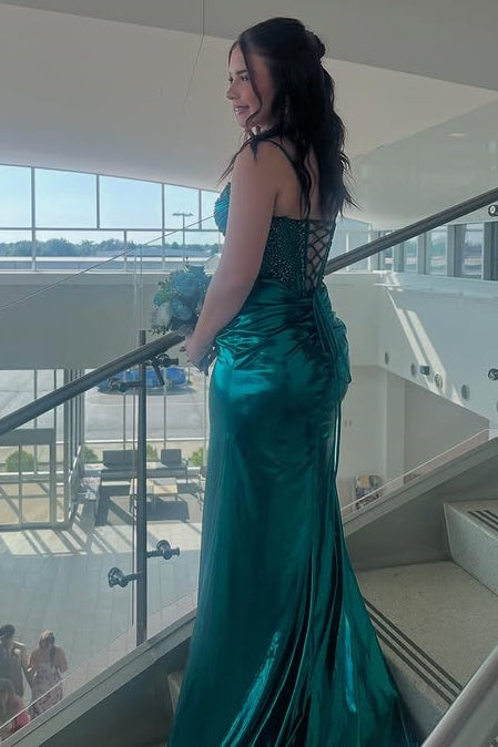 Chic Spaghetti Straps Beaded Top Satin Trumpet Party Prom Dress