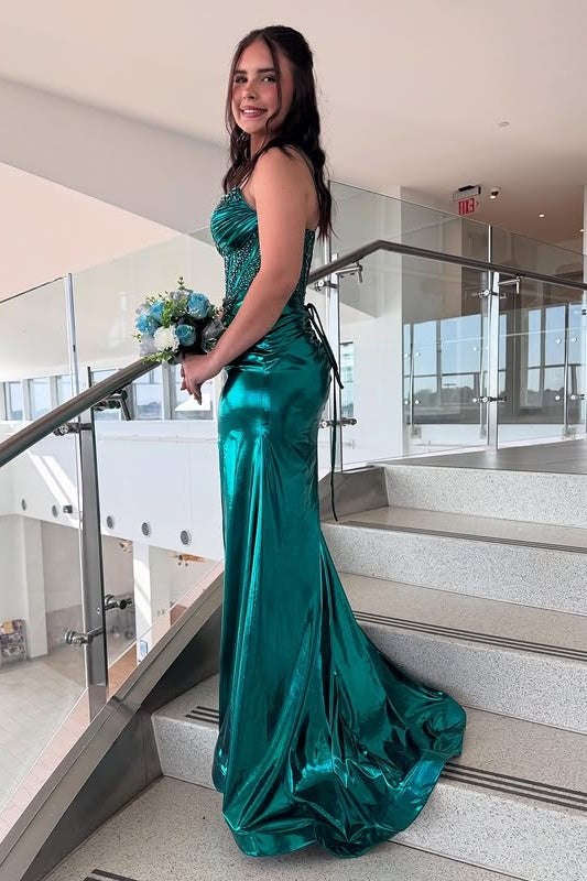 Chic Spaghetti Straps Beaded Top Satin Trumpet Party Prom Dress