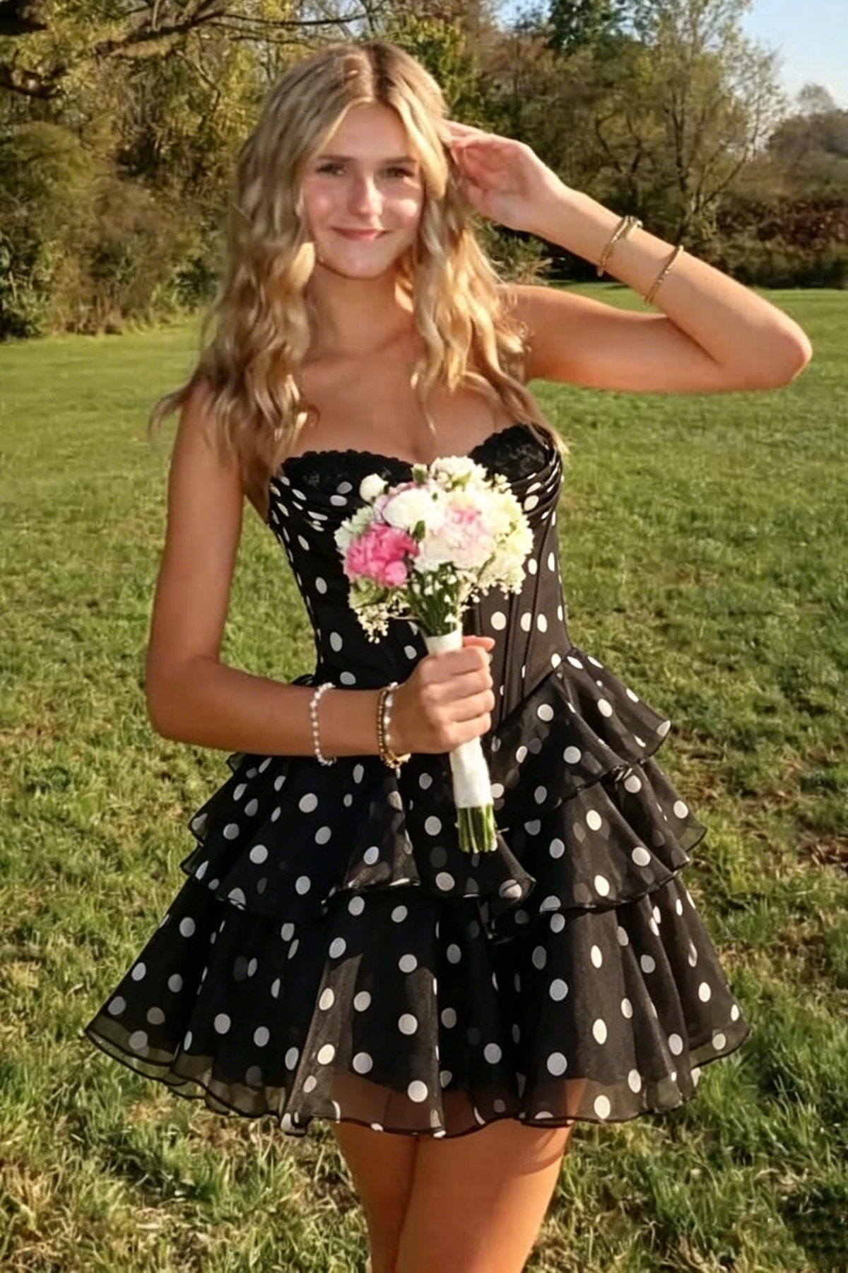 Chic Strapless A-Line Polka Dots Chiffon Tiered Homecoming Dress