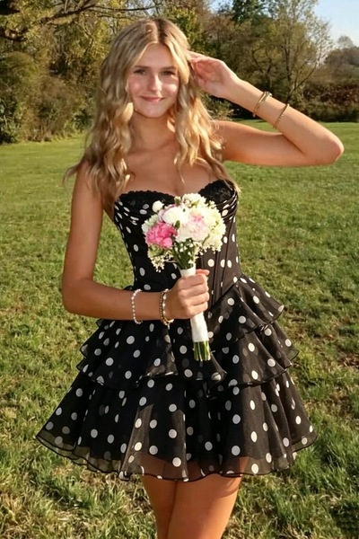 Chic Strapless A-Line Polka Dots Chiffon Tiered Homecoming Dress