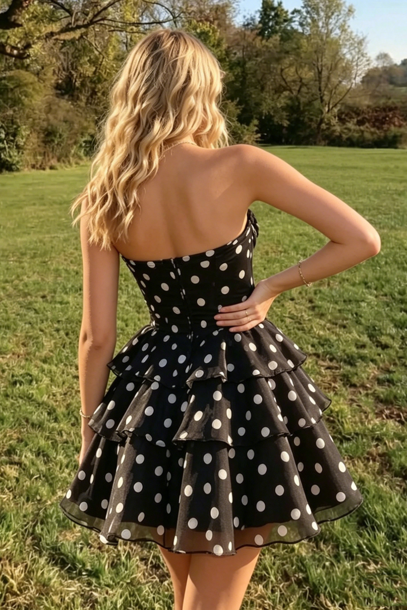 Chic Strapless A-Line Polka Dots Chiffon Tiered Homecoming Dress